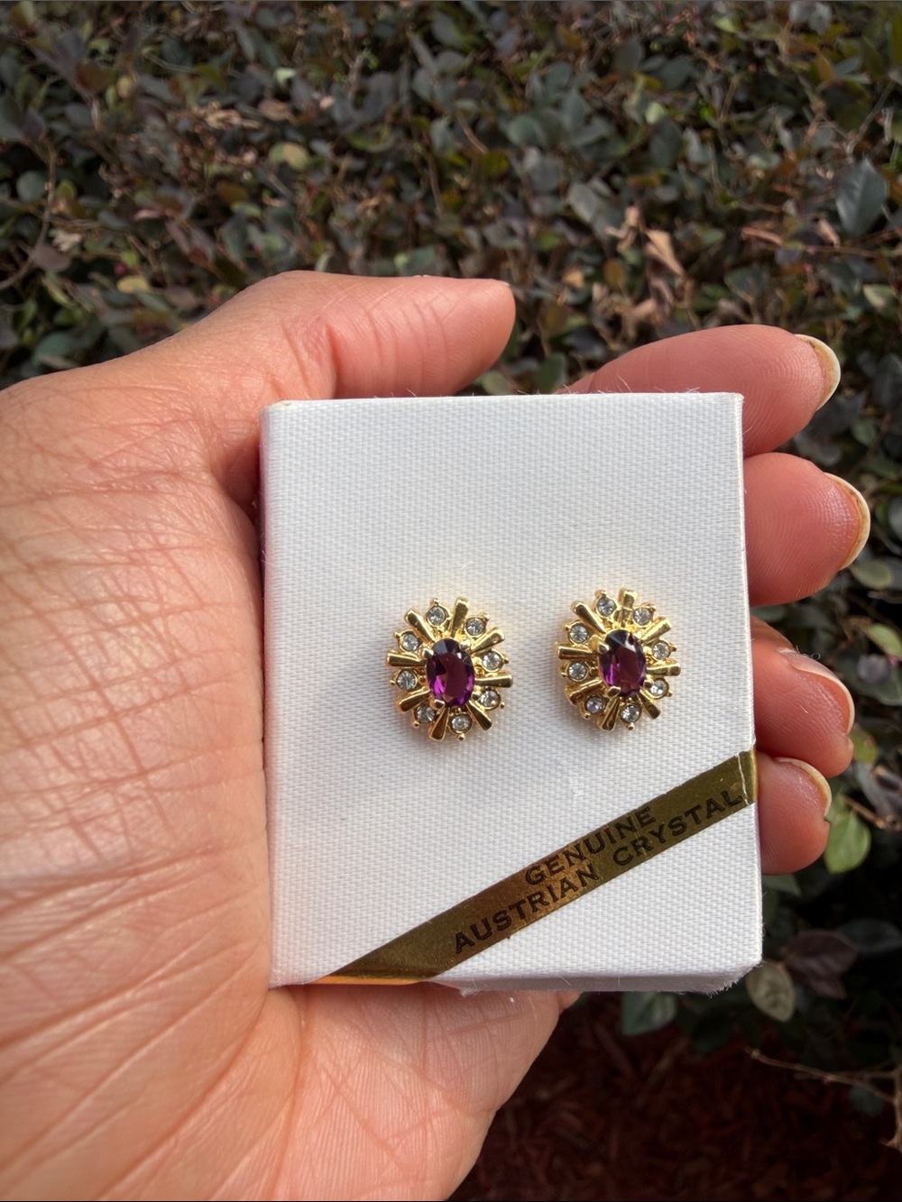 Vintage Gold Sunburst Earrings with Purple Center Stones